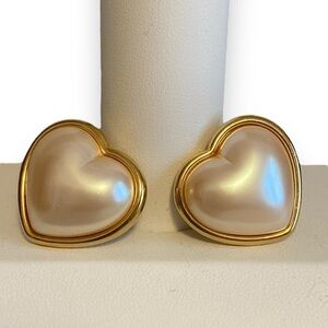 Vintage Heart Earrings Faux Pearl Post Gold Tone Cream